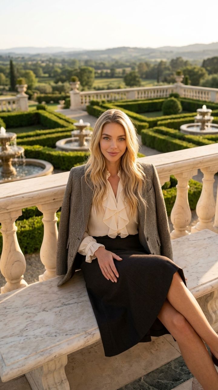 Elegant Woman in Tweed Herringbone Jacket on Luxurious Stone Terrace - Golden Hour Ultra Realisti...
