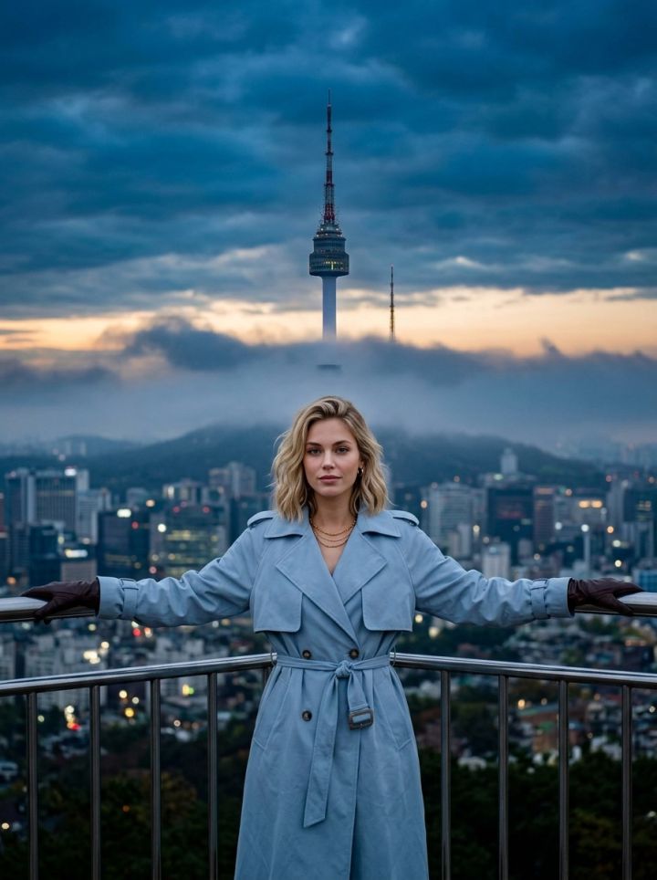 Elegante në Pikëpamjen e Kullës Namsan Seoul, Skylinesi i Seulit në Blu Twilight