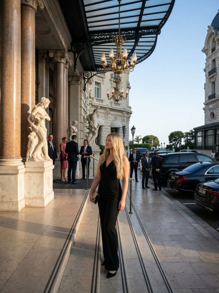 Elegante Pose am prächtigen Eingang des Monte Carlo Casinos – Abendlicht und Ultra-Realismus