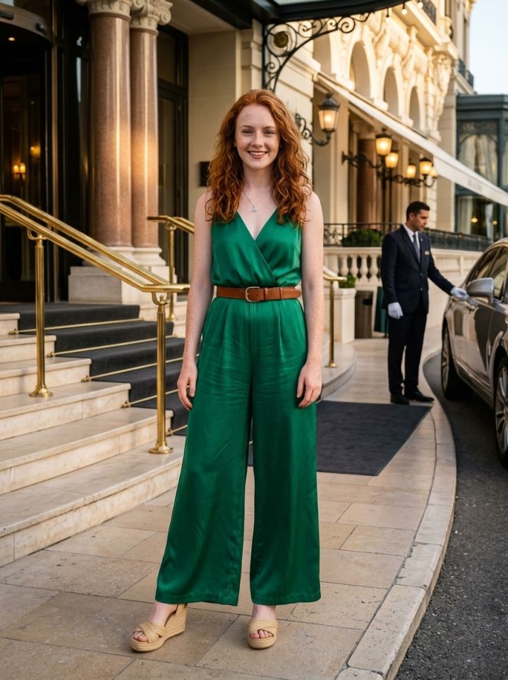 Elegantna stajaća poza na velikom ulazu u Hôtel de Paris Monte Carlo u smaragdno zelenom svilenom...