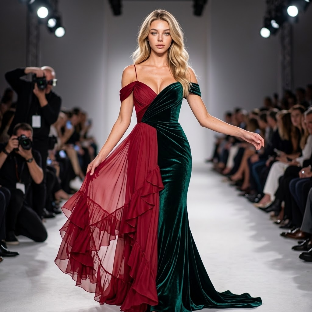 Elegantti smaragdimekko runway-poseerauksessa