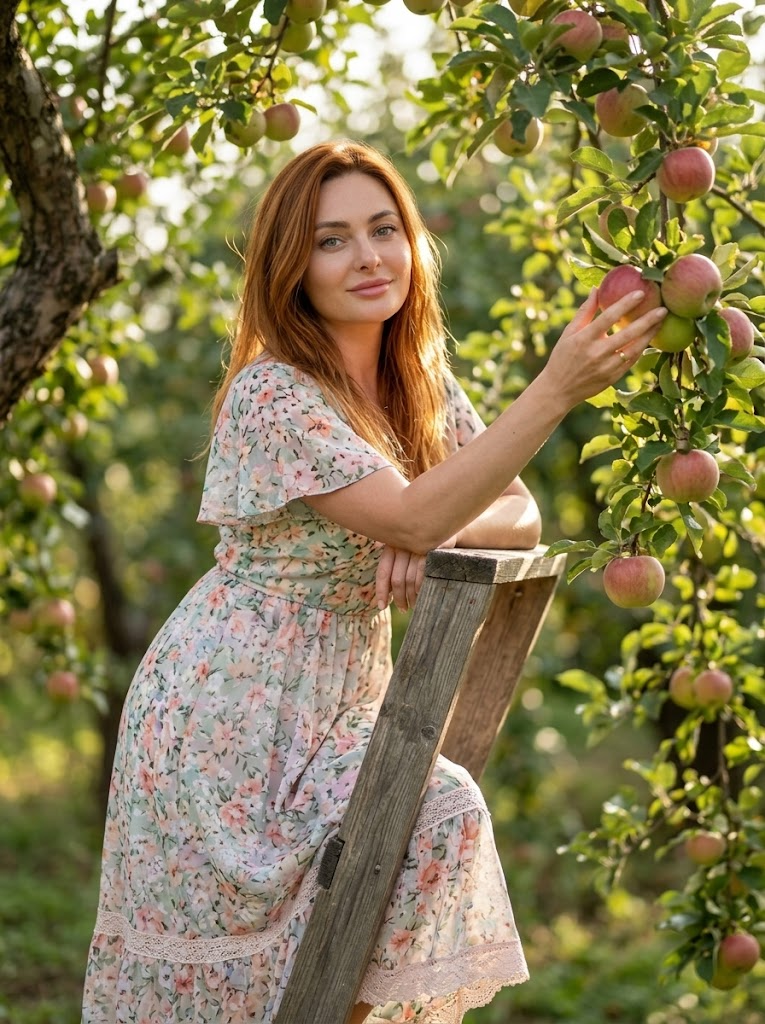 Elma Bahçesinde Pastel Elbiseli Hasat