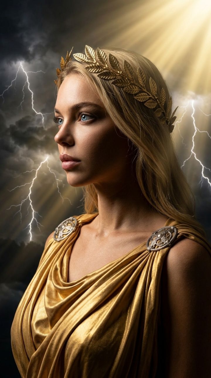 Epic Photorealistic Noble Profile: Laurel Wreath Hero in Golden Tunic Amid Stormy Clouds and Ligh...