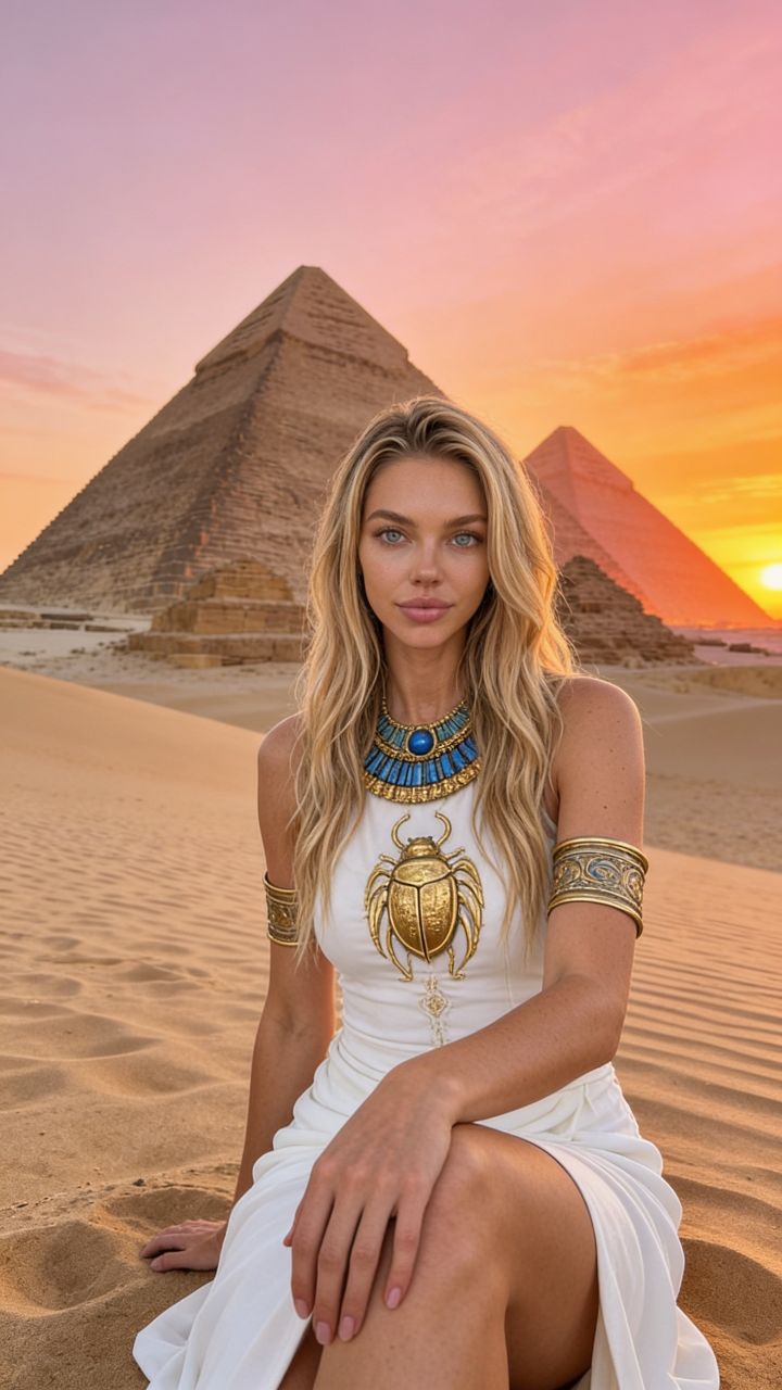 Epický portrét z nízkého uhla pri Veľkých pyramidách v Gíze pri úsvite – Fotorealistická kráska v...