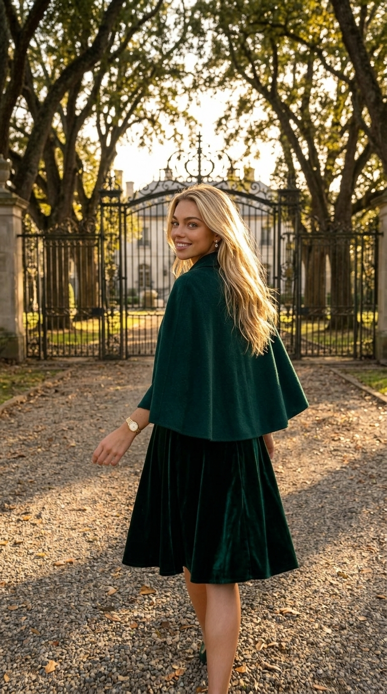 Femeie aristocrată în rochie de catifea smarald pe alee spre conac, lumină aurie de seară, fotorealism ultra