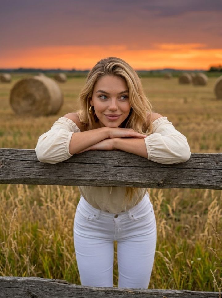 Femeie Curioasă Privind peste Gard de Lemn în Câmp Rural cu Baloți de Fân la Apus - Fotorealism U...