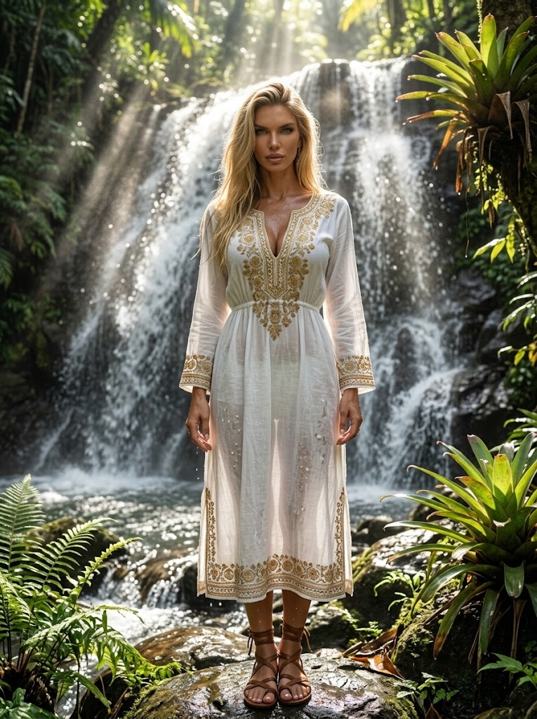 Femeie în Caftan Alb la Cascada Tropicală