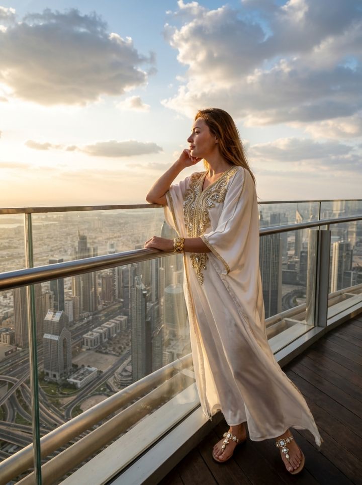 Femeie în Kaftan Alb de Mătase pe Burj Khalifa la Apus – Panoramă Dubai Spectaculoasă