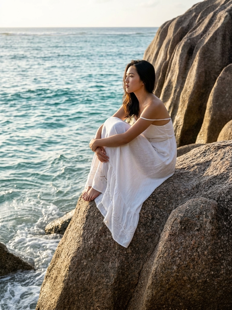 Femeie în Rochie Albă Fluidă pe Plaja Anse Source d'Argent, Seychelles - Imagine Ultra-Realistă Cinematică