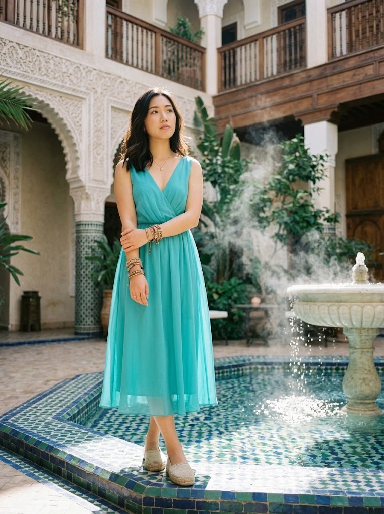 Femeie în rochie midi turcoaz lângă fântâna unui riad din Marrakech, lumină dimineață cinematică