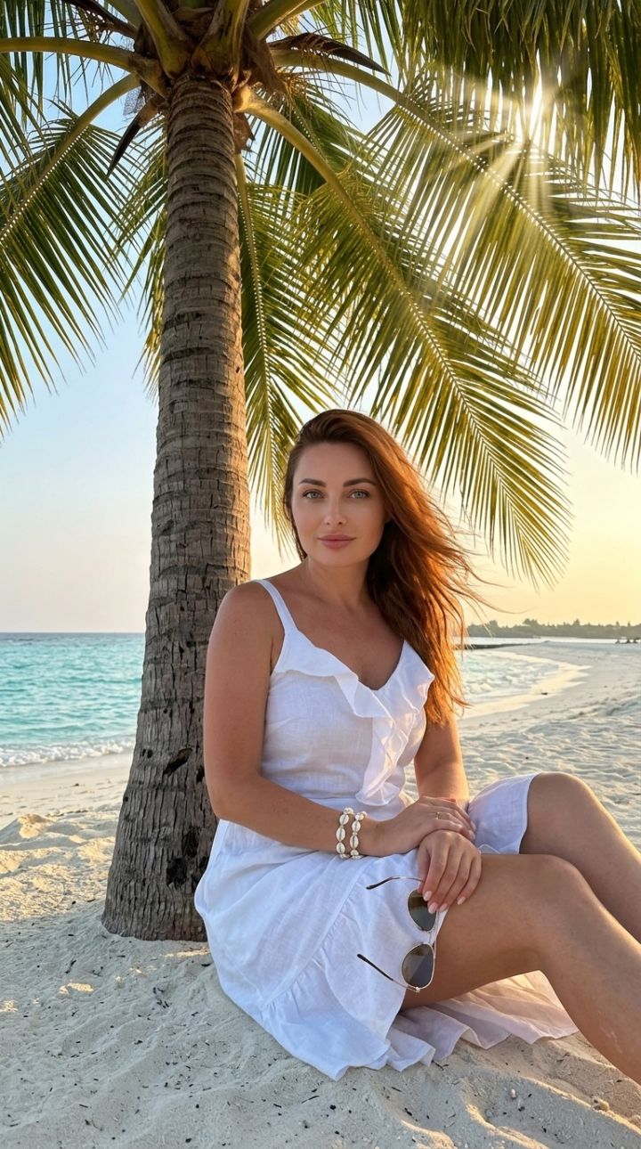 Femme Assise sous Palmier Solitaire sur Plage Tropicale - Heure Dorée Ultra Réaliste