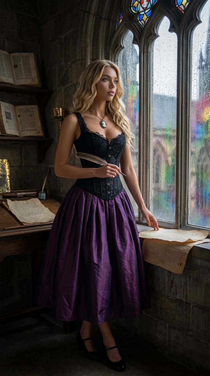 Femme gothique près d'une fenêtre haute de cathédrale gothique, corset dentelle noire, jupe taffe...