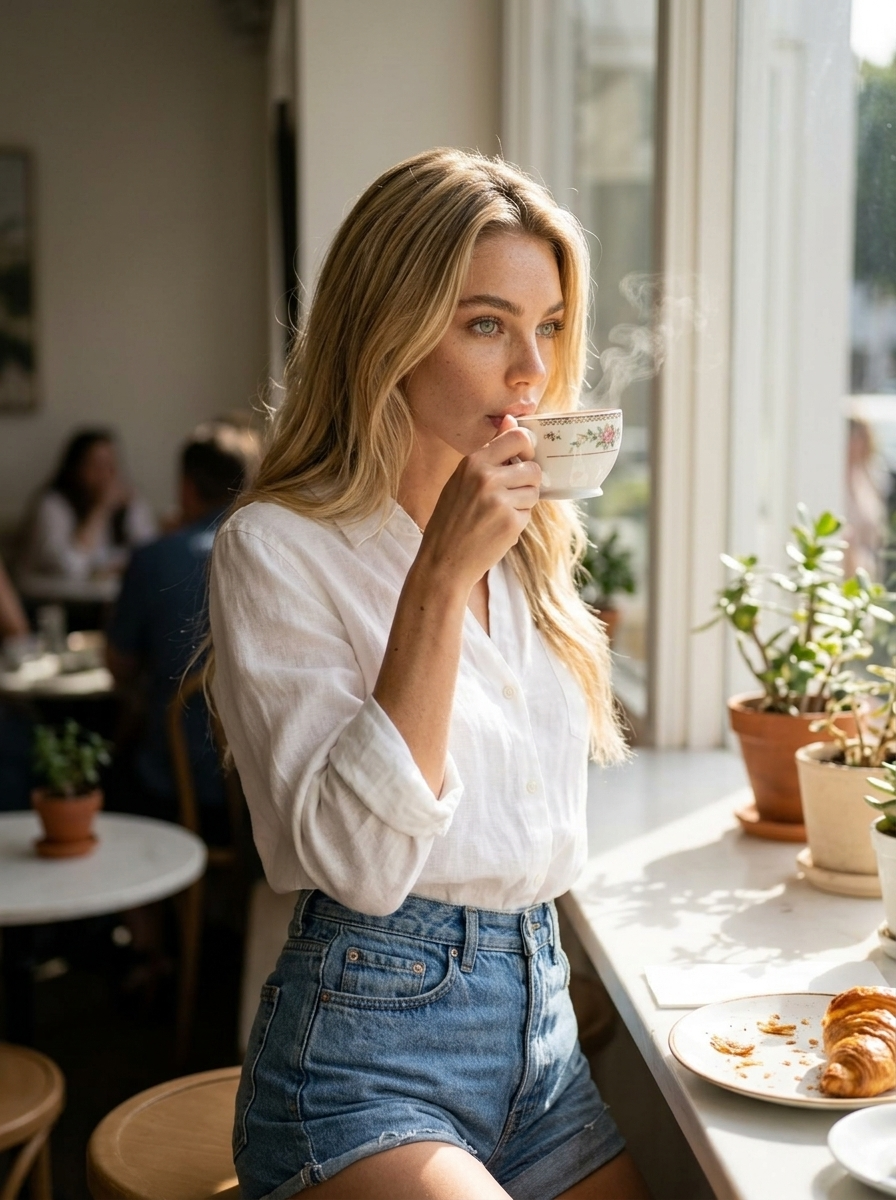Femme Élégante au Café Matinal Ensoleillé