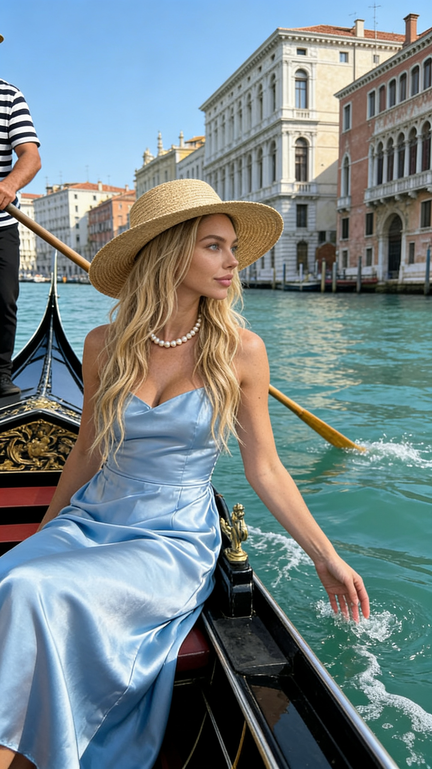 Femme élégante en gondole sur le Grand Canal de Venise, réalisme photo ultra réaliste
