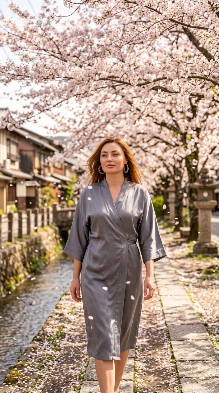 Filosofens Stig i Kyoto: Promenad under Blommande Sakura i Grå Sidenkimono