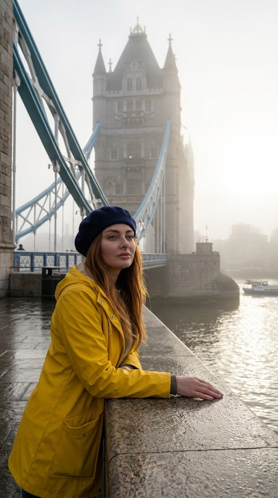 Foggy morning over Tower Bridge, towers slowly emerge from thick fog, calm surface of the Thames reflects the first rays of the sun, standing pose with a thoughtful lean to the railings, wet stones of the bridge shine, detailed chain arches, dramatic contrast of fog and light, ultra photo realism!!, in a rubber raincoat, woolen beret and thermal shirt