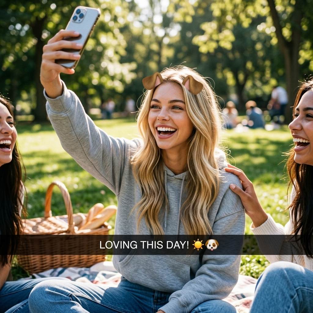 Foto Candid Teman Tertawa di Taman Piknik, Fokus Gadis Pegang HP Bahagia