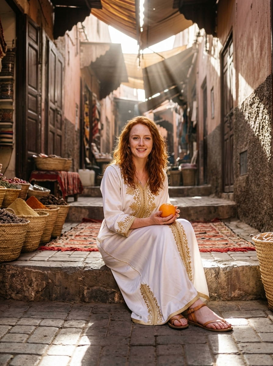 Foto Hiperrealistik Labirin Medina Marrakech: Wanita Kaftan Sutra Putih Emas Berbordir Motif Berber Memegang Jeruk Segar