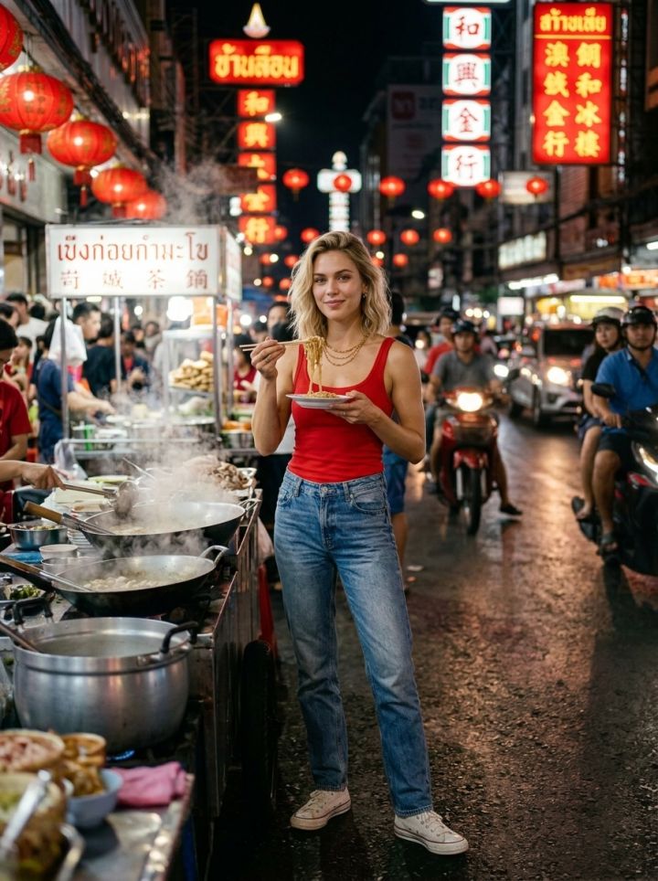 Foto Portrait Sinematik Ultra Realistis Yaowarat Chinatown Malam Hari - Uap Street Food & Lentera...