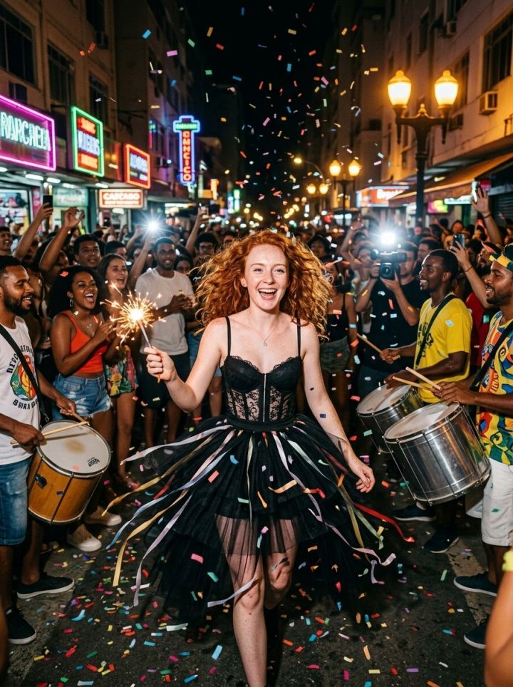 Foto Ultra-Realista de Festa de Bloco de Rua no Rio: Euforia com Saia de Tule e Corpete de Renda