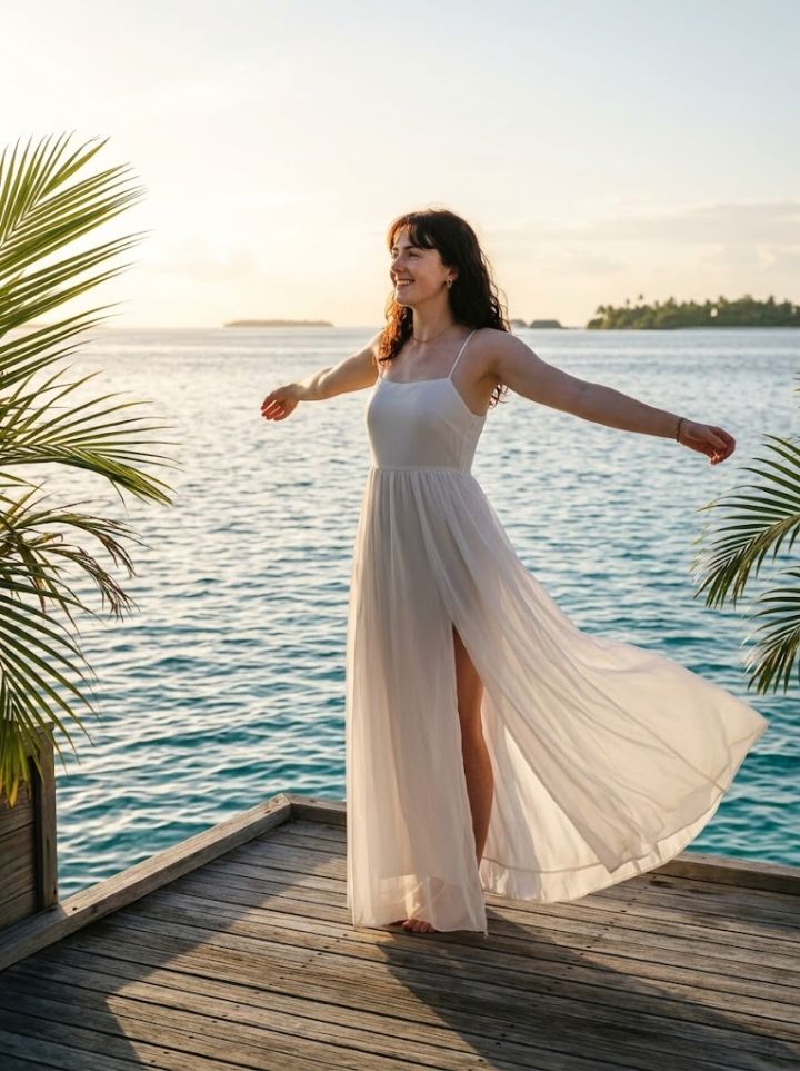 Foto Ultra Realista de Mujer en Vestido Chiffon Blanco en Villa Sobre el Agua Maldivas al Amanecer