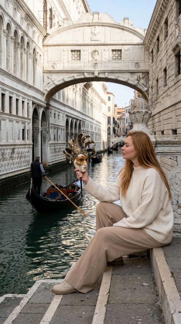 Foto Ultra-Realista nas Escadas da Ponte dos Suspiros em Veneza: Gôndola e Máscaras Venezianas