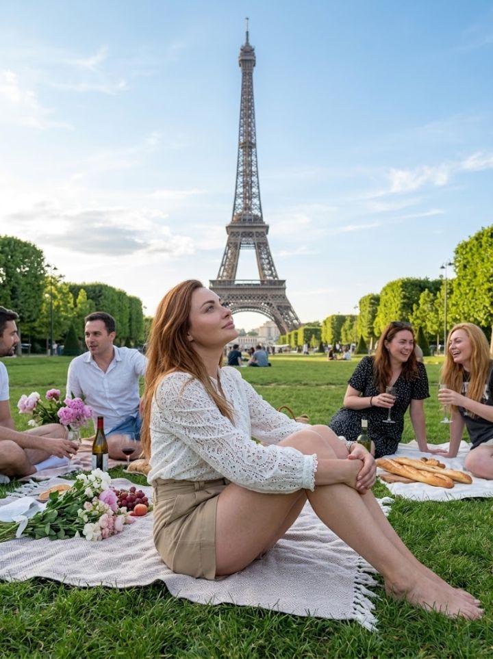 Foto Ultra-Realista no Champ de Mars: Relaxando na Grama com Vista da Torre Eiffel