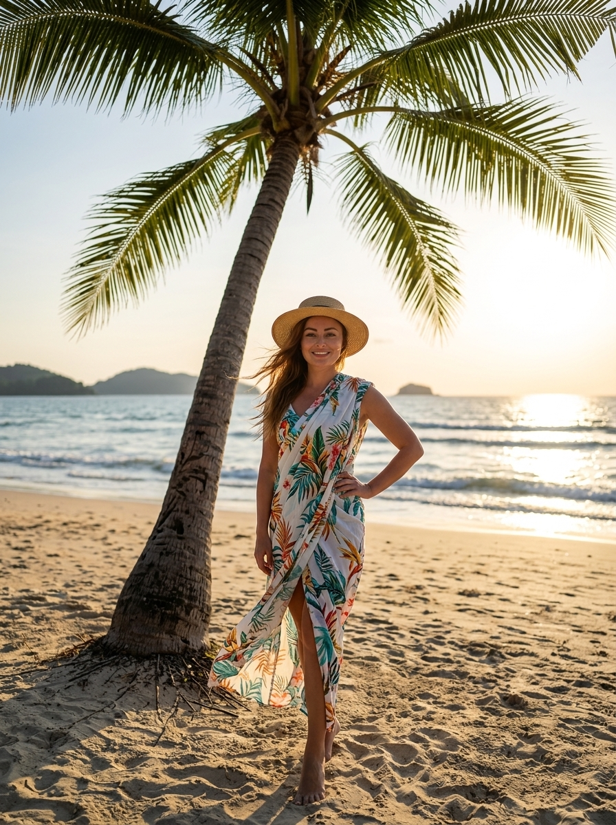 Foto Ultra-Realista: Persona amb Sari Blanc sota Palmera Solitària a Platja Tropical amb Posta de Sol Dorado