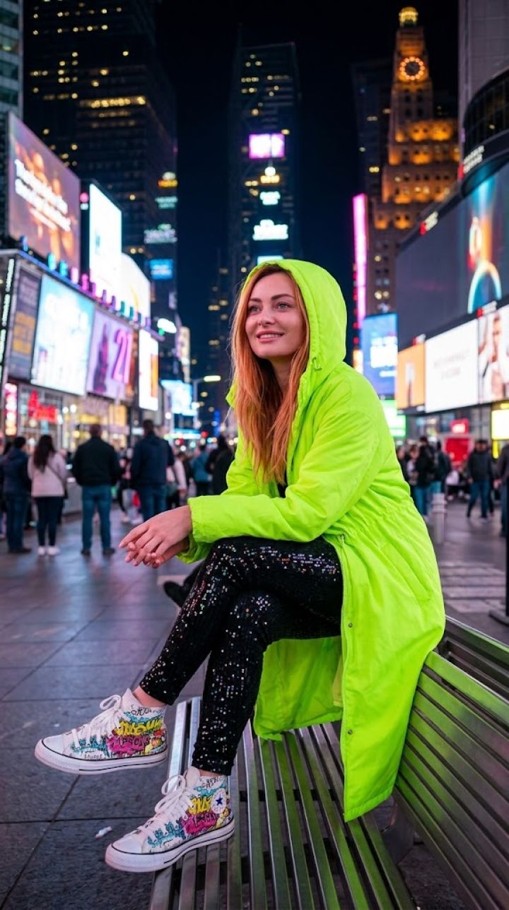 Foto Ultra-Realista: Persona Relaxada en Banc amb Vista a la Cila Nocturna de Midtown Manhattan
