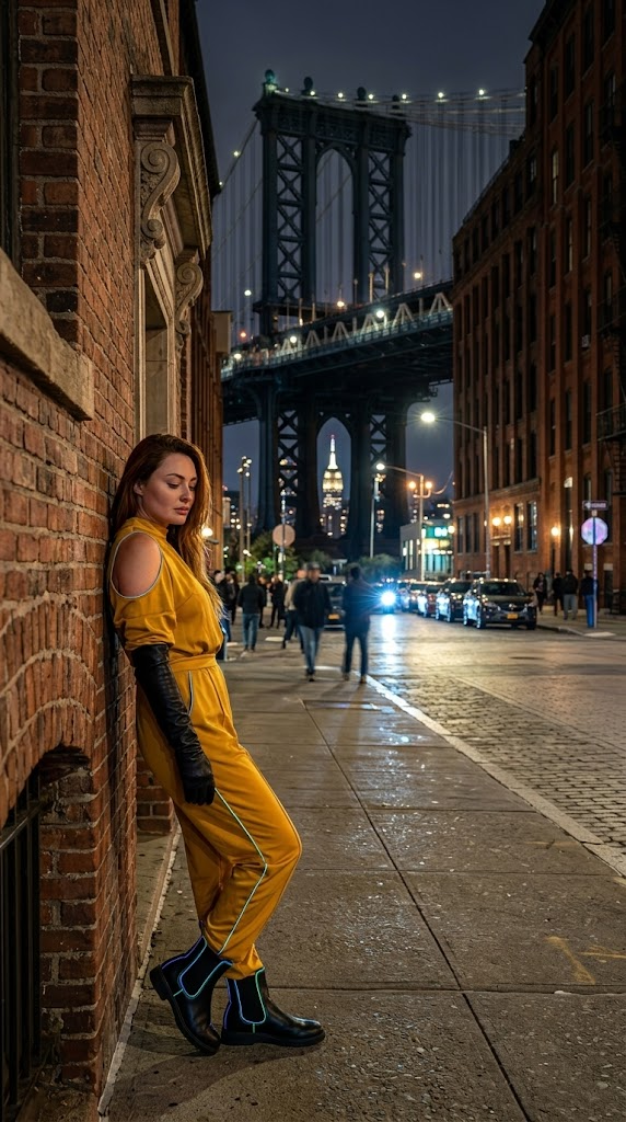 Foto Ultra-Realiste e Një Personi në Jumpsuit të Artë në Rrugën Washington, DUMBO Manhattan Natën