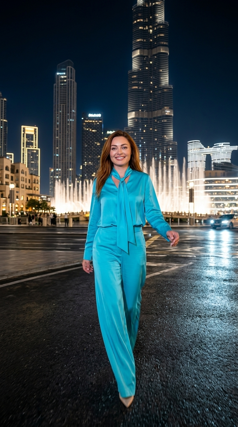 Foto Ultra-Realiste: Ecje Energjike në Bulevardin e Qendrës së Dubai-t midis Shatërvanëve, Dritat e Burj Khalifa-s, 8K