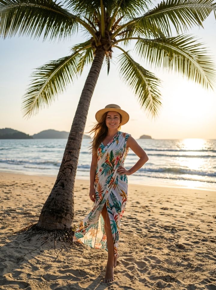 Foto Ultra-Realiste: Person në Plazh Tropikal nën Palmë të Vetmuar, Sari i Bardhë me Print Tropik...