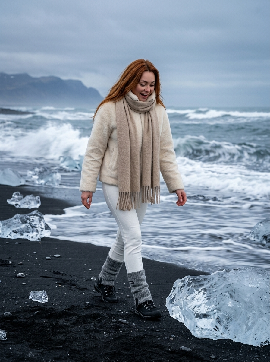 Foto Ultra-Realistica Diamond Beach: Passeggiata su Sabbia Nera con Ghiaccio Trasparente e Cielo Cupo