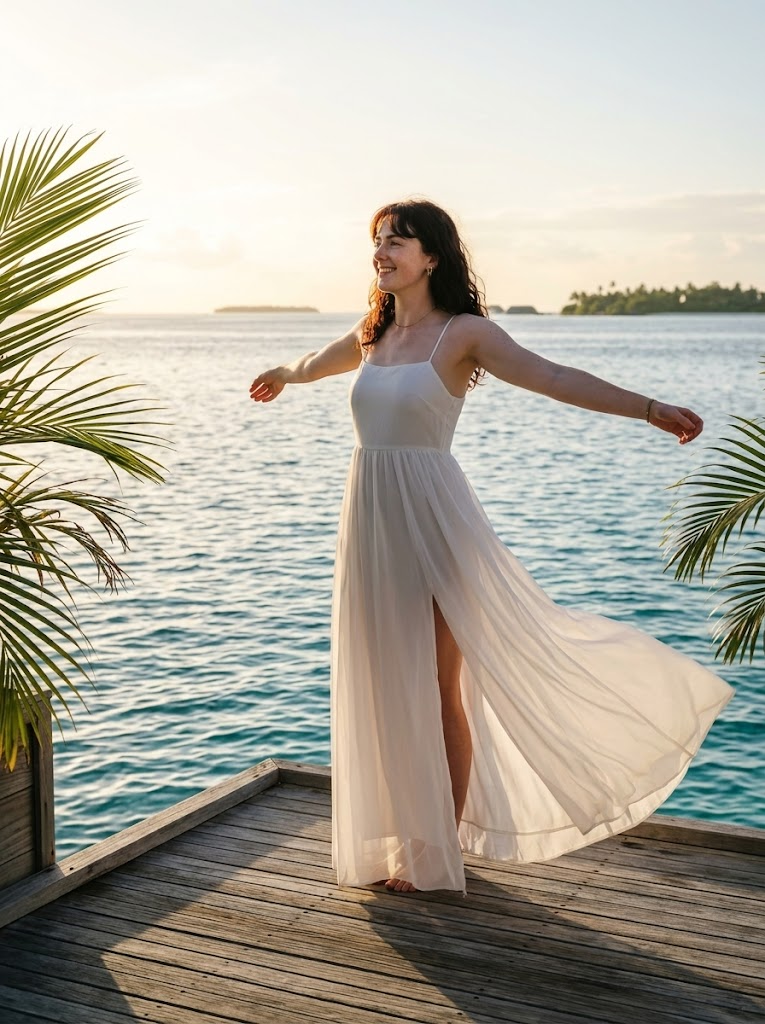 Foto Ultra Realistica: Donna in Abito Chiffon Bianco su Villa sull'Acqua alle Maldive all'Alba