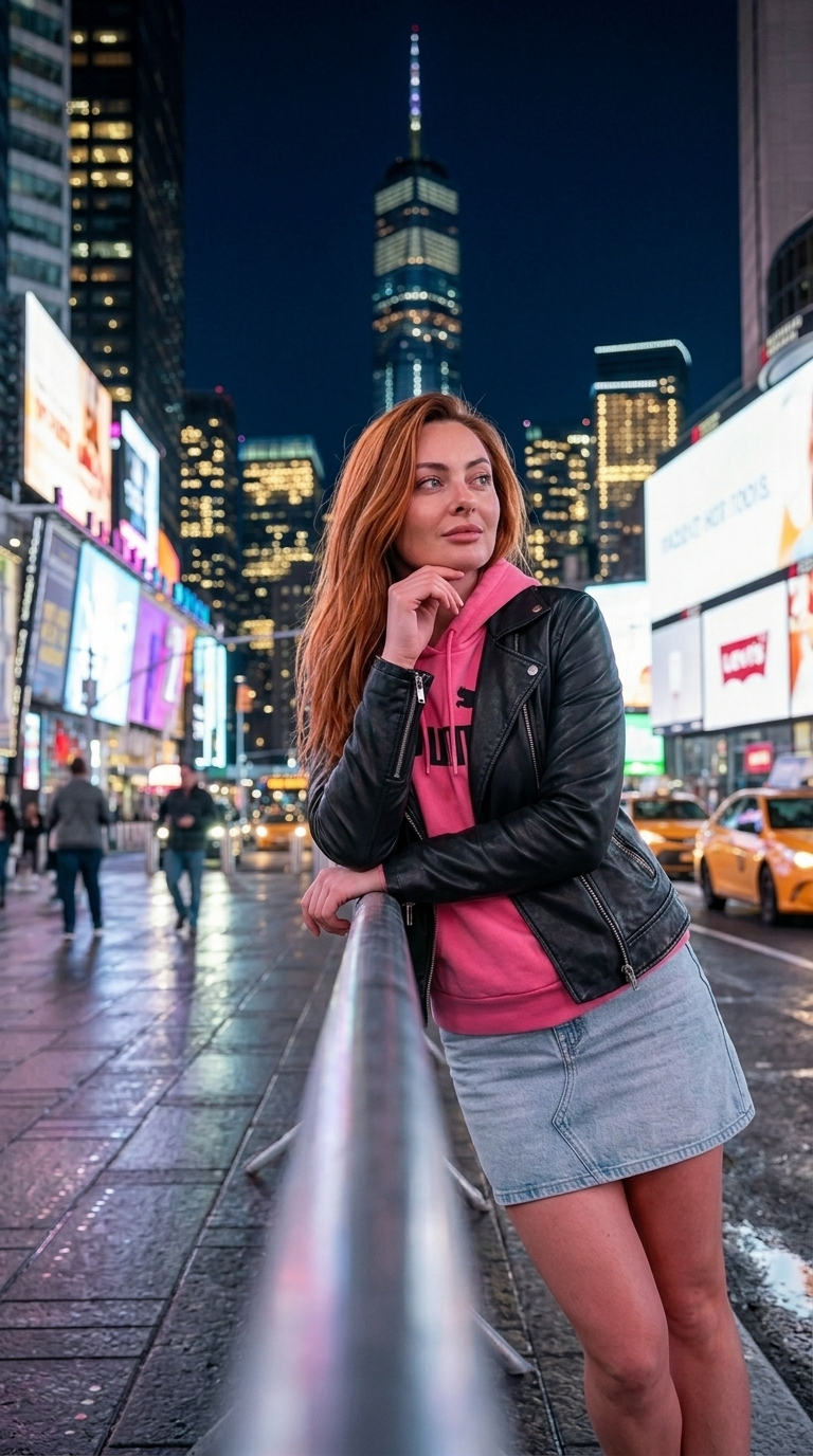 Foto Ultra-Realistik Full-Body Orang Berpose Percaya Diri Depan Lampu Malam One World Trade Center & Patung Liberty