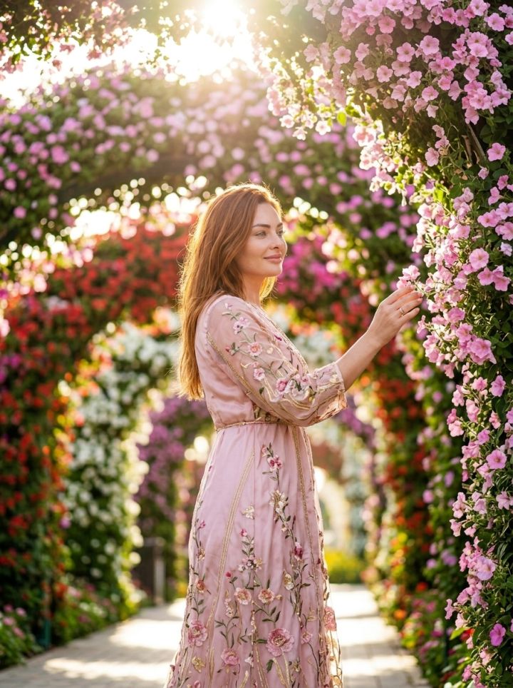 Foto Ultra-Realistis Jalan di Taman Miracle Dubai: Wanita Berpayet Pink Pastel Sentuh Kelopak Bun...