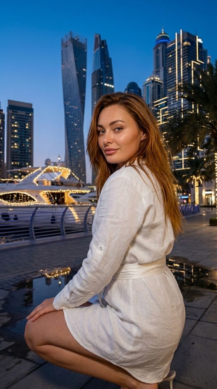 Foto Ultra-Realistis Jalan Malam di Promenade Dubai Marina: Gaun Linen Putih Elegan