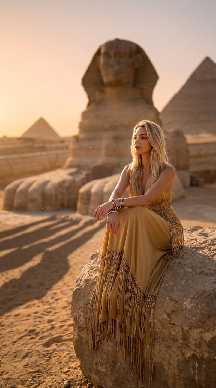 Foto Ultra-Realistis Turis di Sphinx Giza Saat Senja dengan Gaun Emas Berkilau