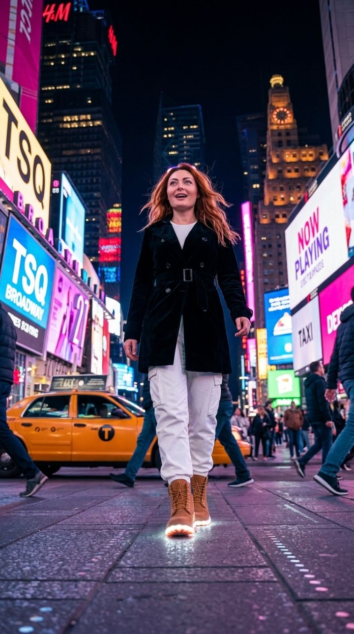 Fotografie Cinematică Ultra-Realistă: Persoană pe Top of the Rock Noaptea, Orizont Manhattan