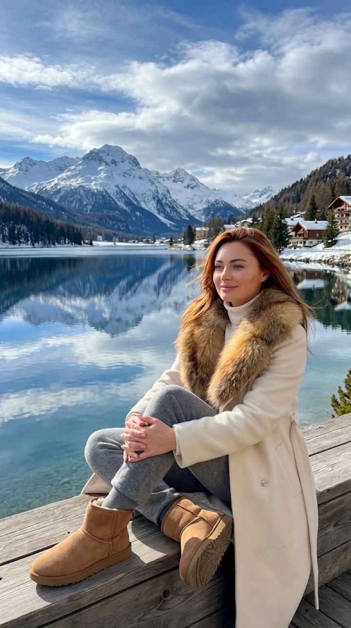 Fotografie Ultra-Realistă Cinematică: Relaxare pe Terasa Resort Lux Lângă Lacul St. Moritz în Man...