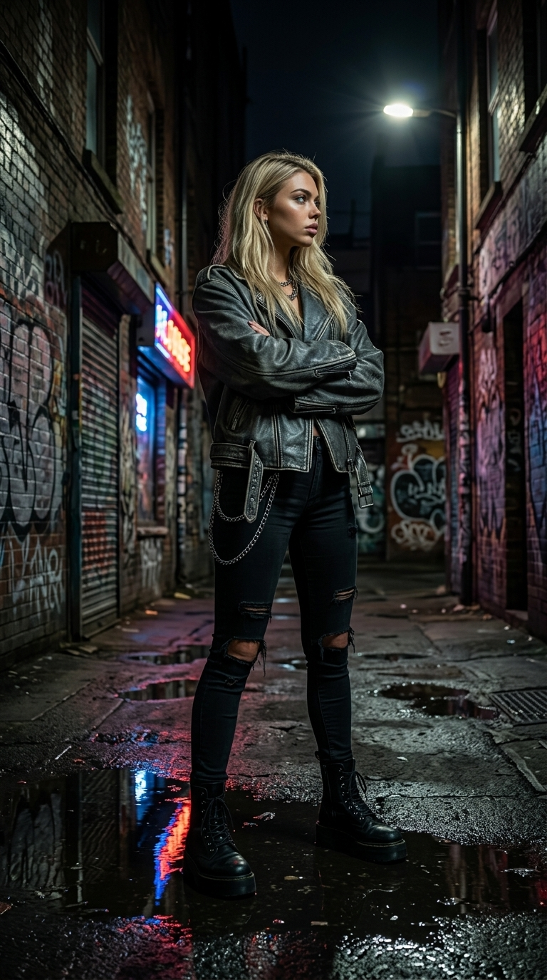 Fotorealistisk Rebel i Forsømt Urban Gyde med Graffiti og Neonlys
