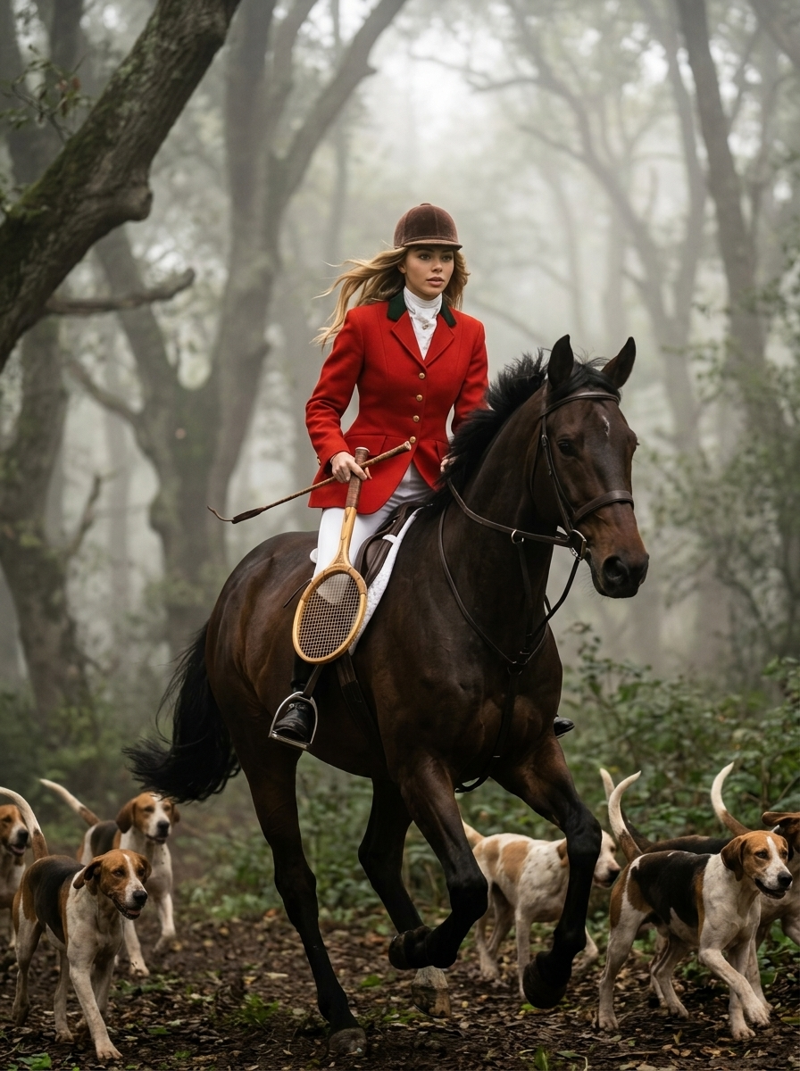 Fox hunt riders in scarlet jackets galloping through misty woods.