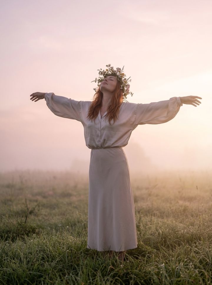 Full body in a foggy meadow at dawn: figure stands with outstretched arms, head thrown back, soft...
