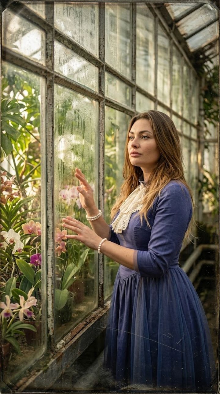 Full-length near the greenhouse window, hand touches the glass with plants, gaze outward, tropical leaves and orchids...