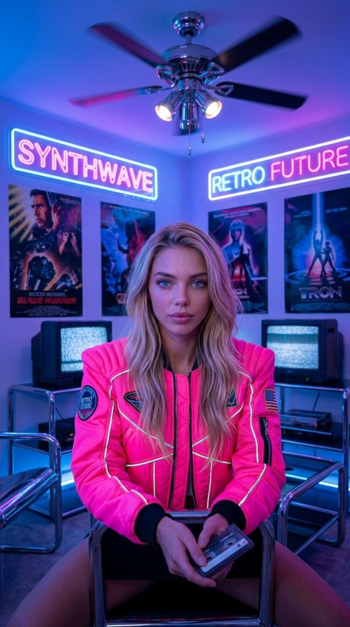 Futuristisk 80'er Soveværelse med Neon Lys og Pink Bomber Jakke