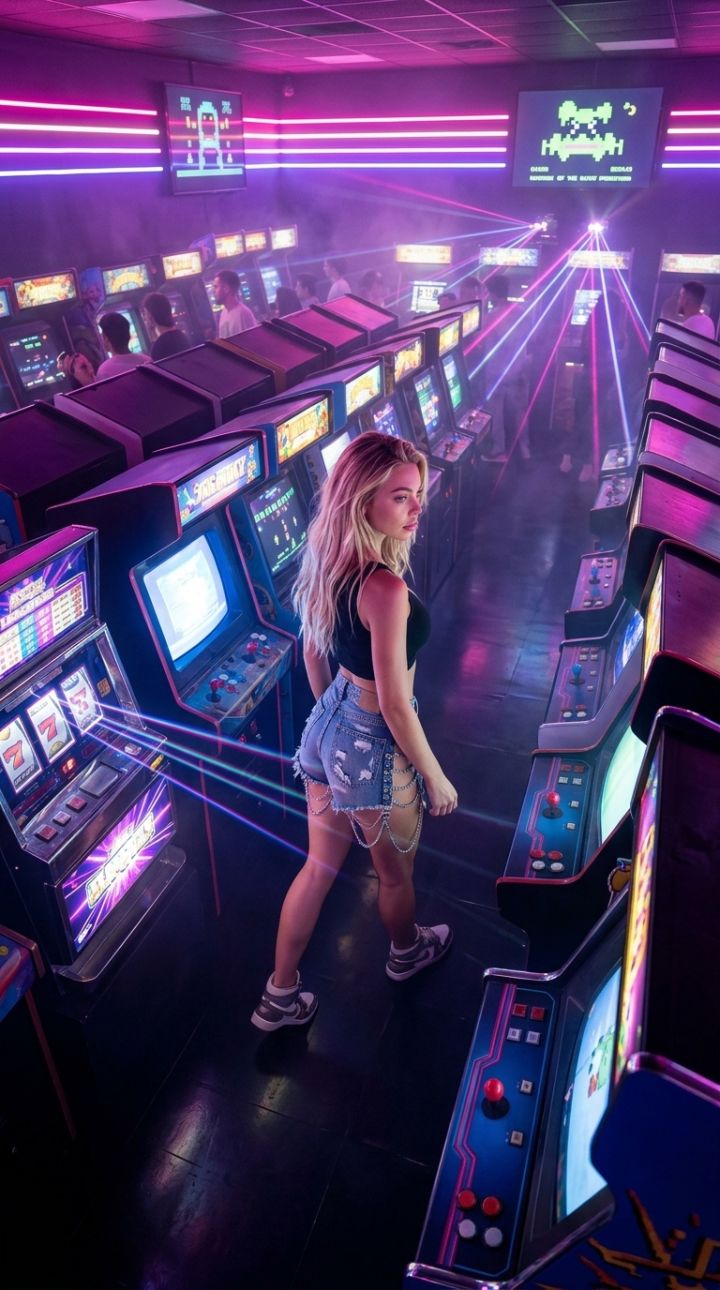 Futuristisk Retro-Arkadhall med Neon och Jeansshorts