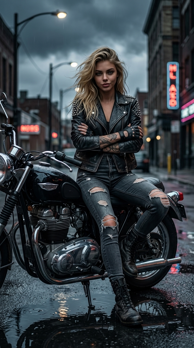 Fırtınalı Şehirde Deri Biker Silueti