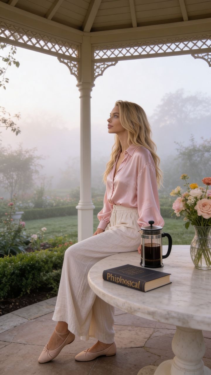 Gazebo Taman Pagi Berkabut: Wanita Berbaju Sutra Pink Pastel, French Press & Buku Filsafat