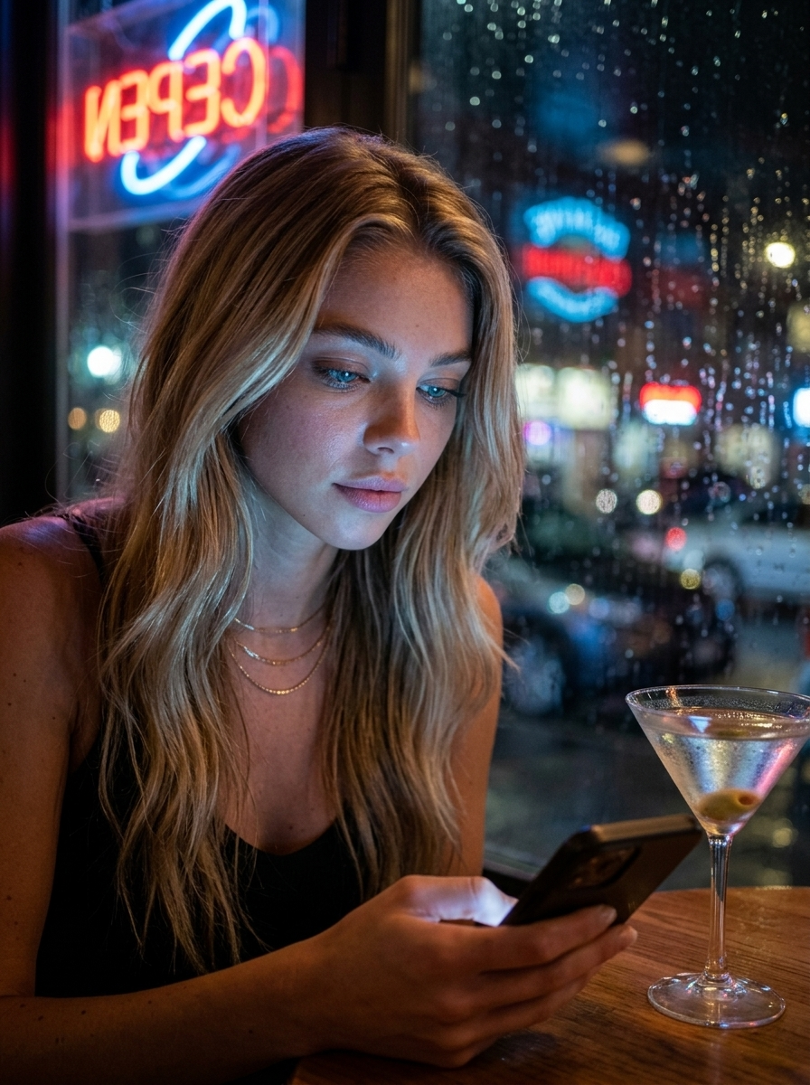 Gemütliches Bar-Porträt: Regen & Handy-Glanz