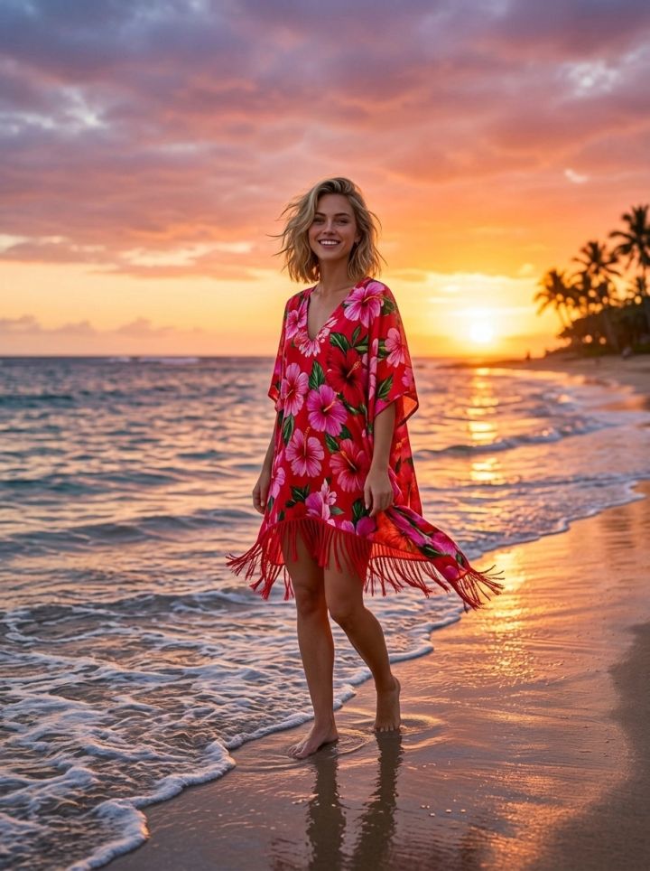 Goldene Stunde am tropischen Strand: Frau in Hibiskus-Kaftan bei Sonnenuntergang – Ultra Realistisch